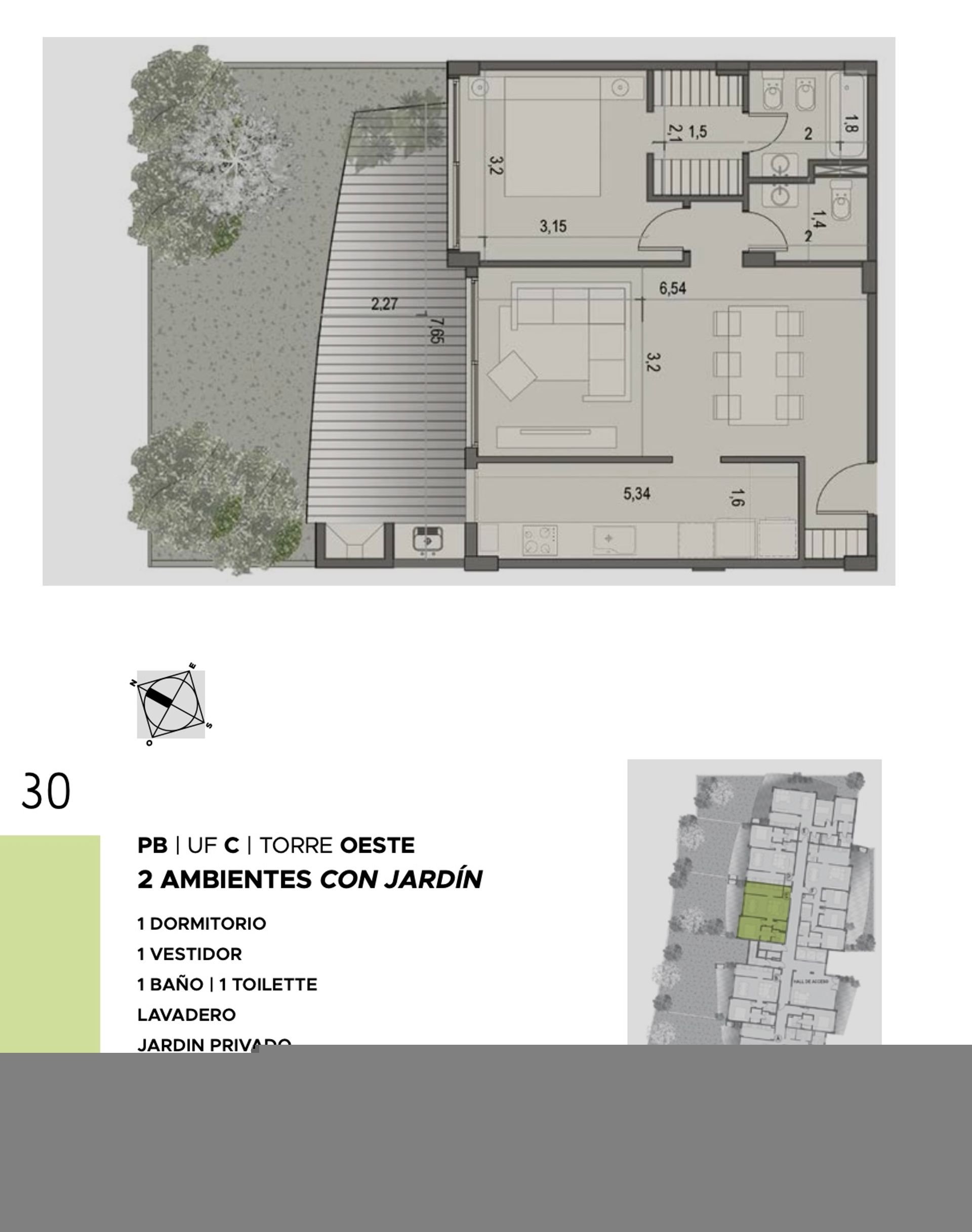 Venta Depto 2 Amb PB en Torres Cristal con Jardín